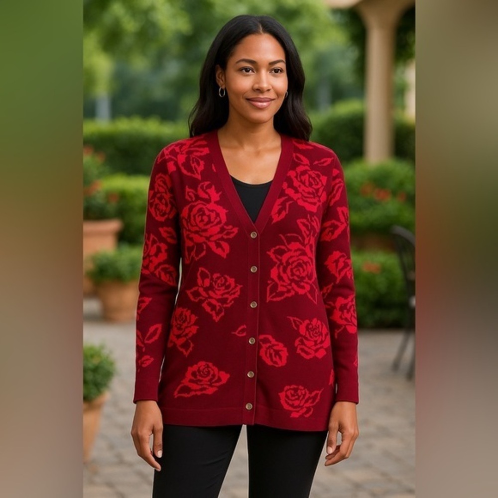 IsaacMizrahi Red Floral Boyfriend Cardigan Sweater Cabbage Rose NWOT S #2402